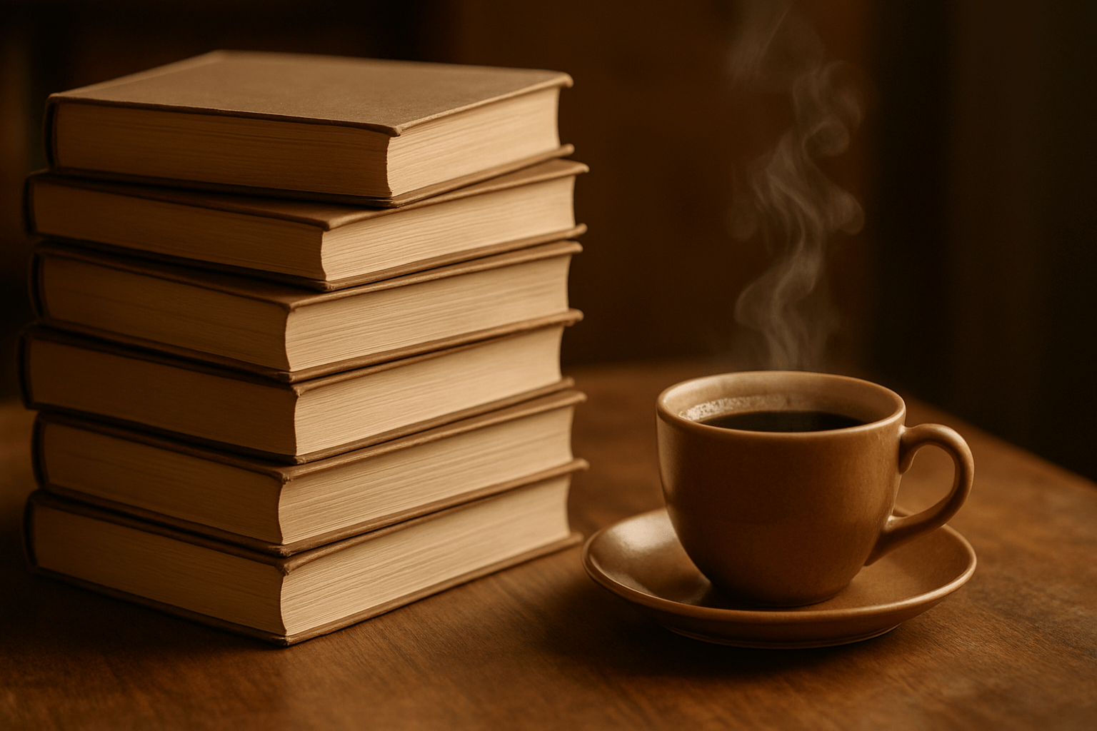 Stack of books beside a steaming cup of coffee on a rustic wooden table.