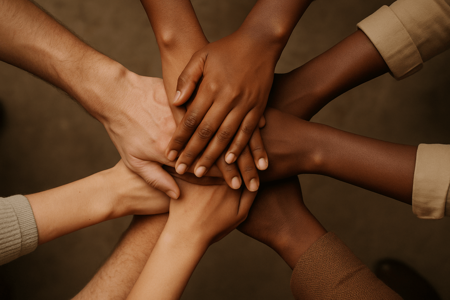 A group of individuals with their hands together, symbolizing collaboration and solidarity among them.