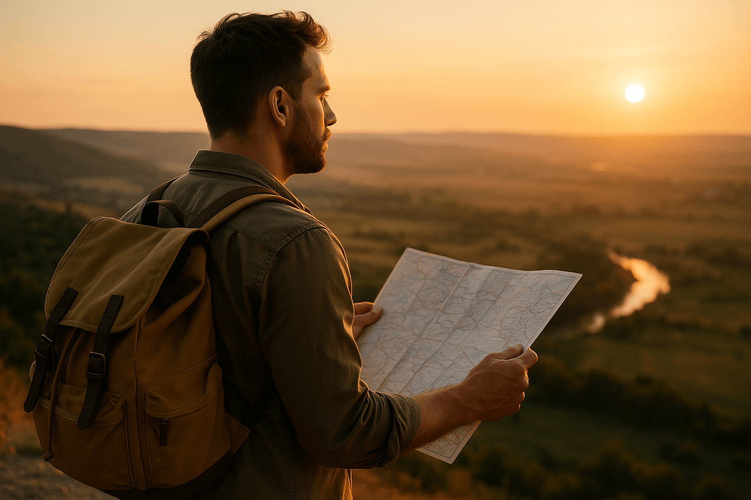 Man with a backpack studying a map as the sun sets in the background.