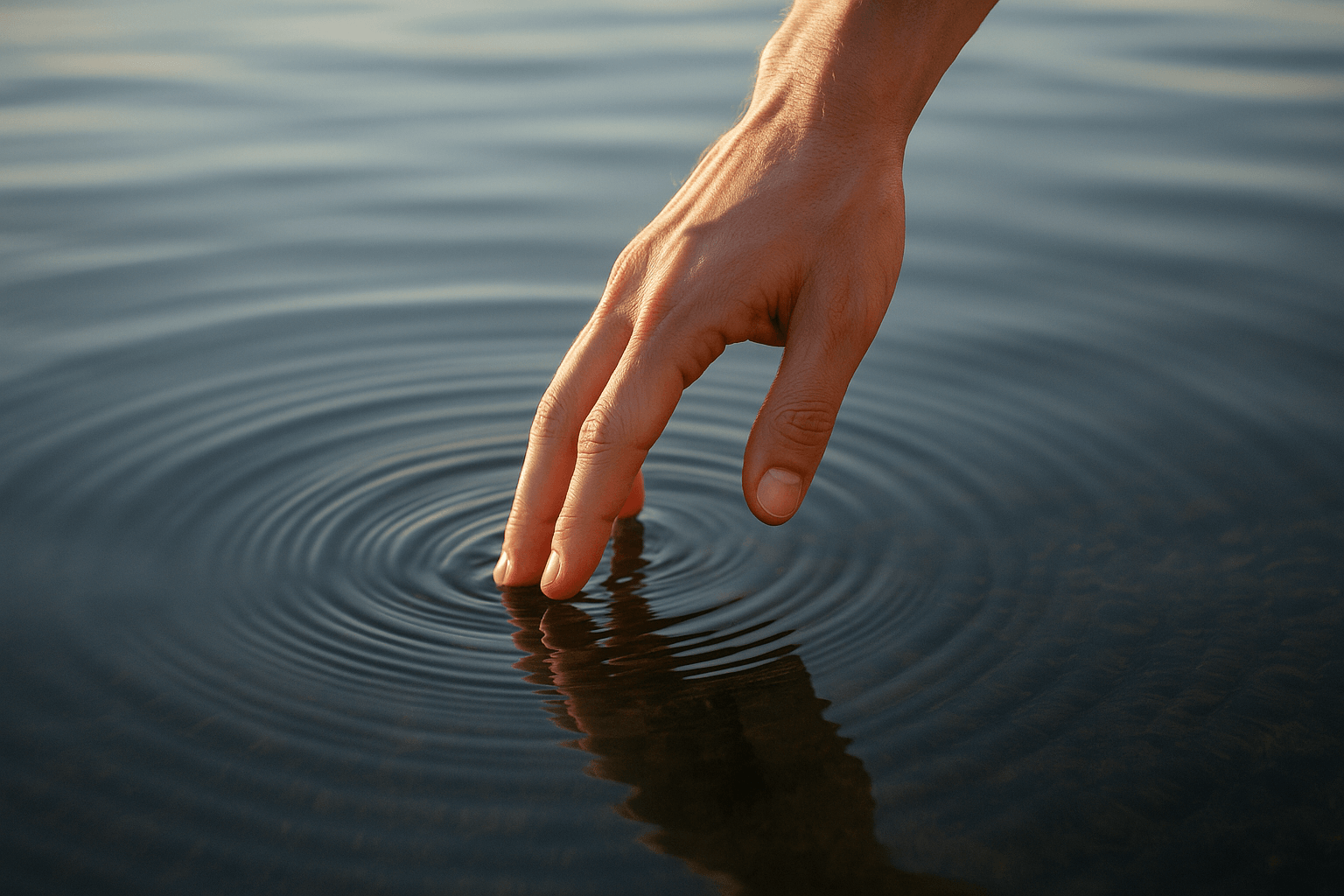 A hand reaching out to touch a ripple in the calm water, creating gentle waves.