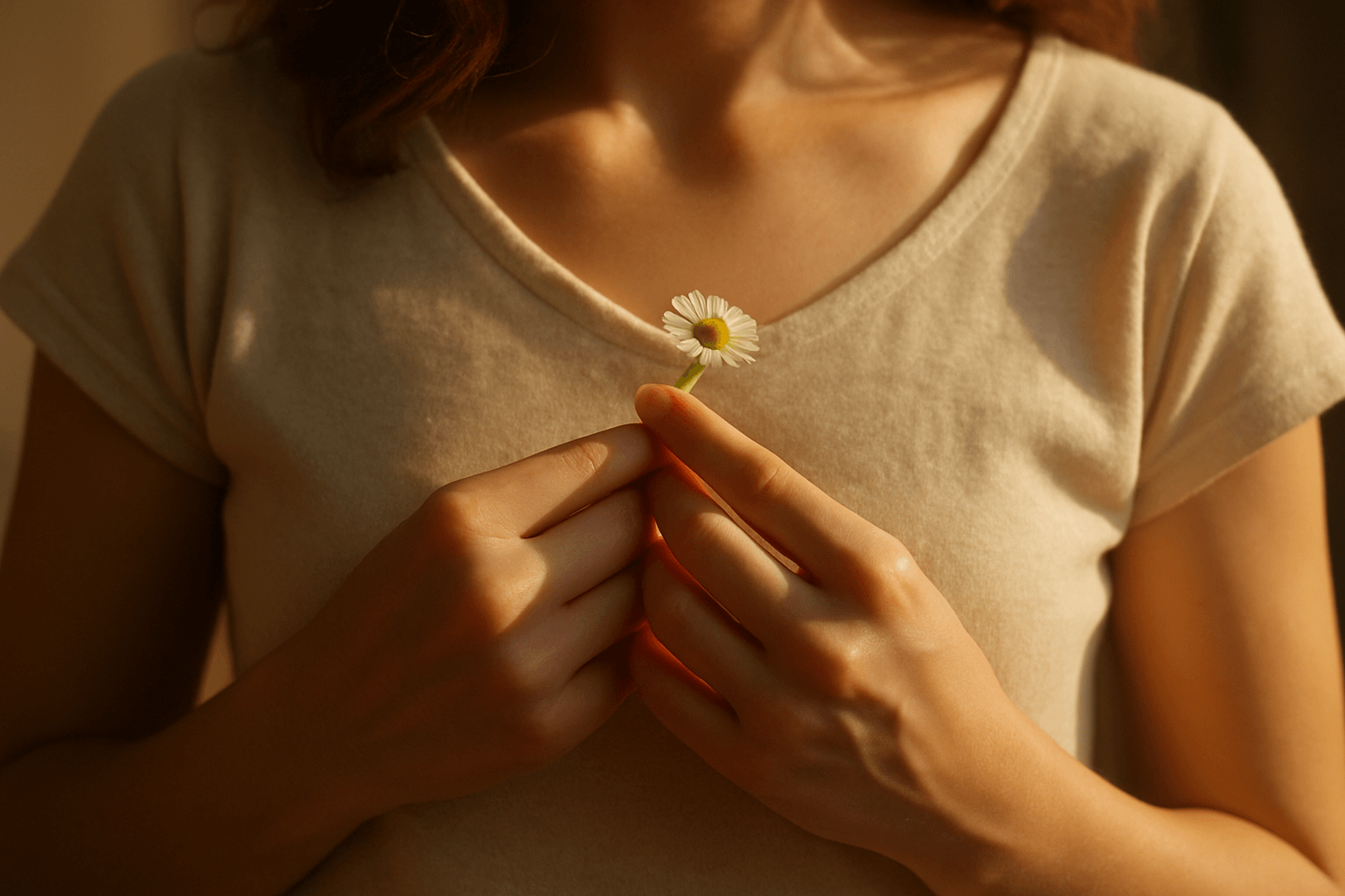 A woman holds a single daisy in her hands, emphasizing its simple beauty and vibrant colors.