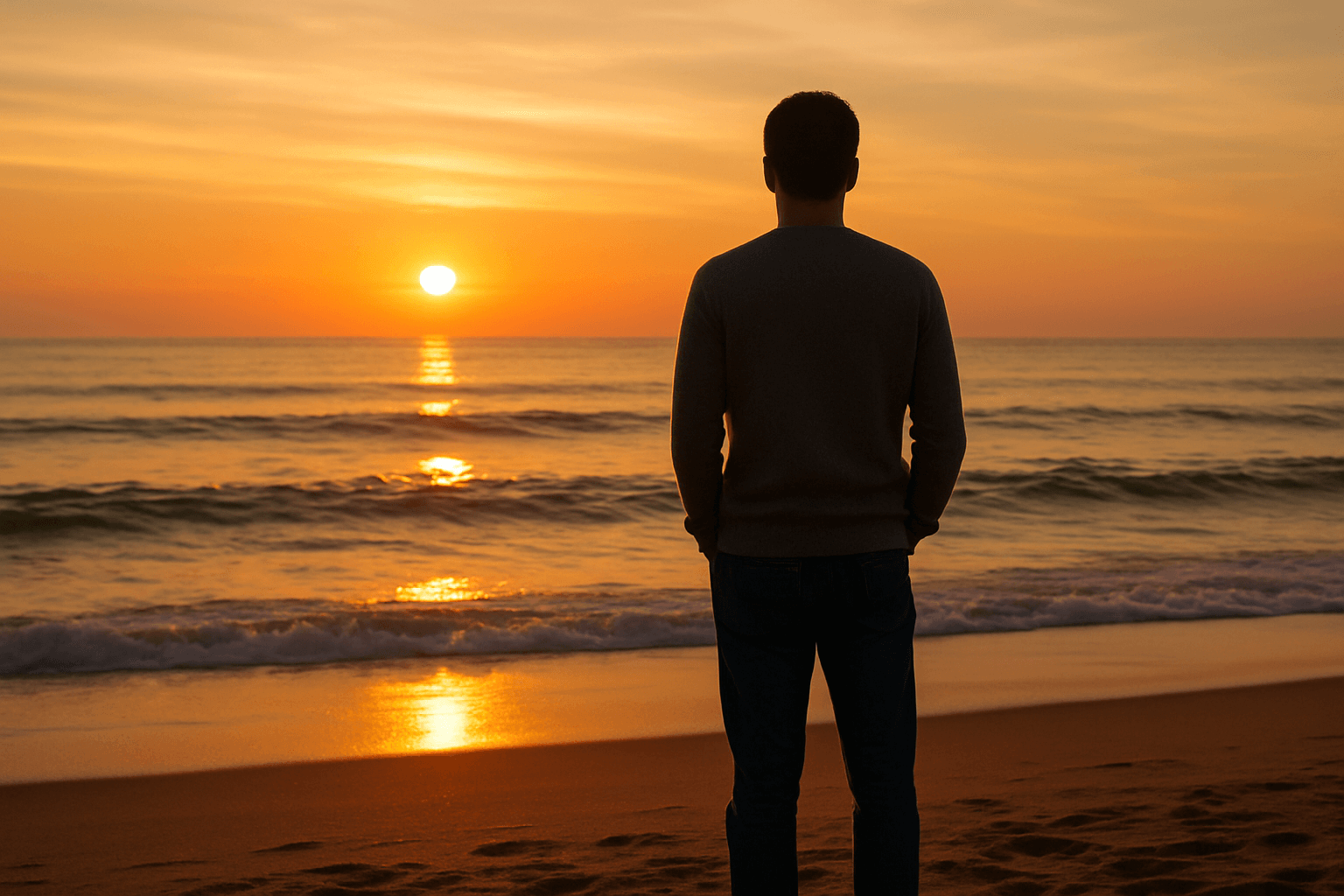 A man stands on the beach, silhouetted against a vibrant sunset sky.