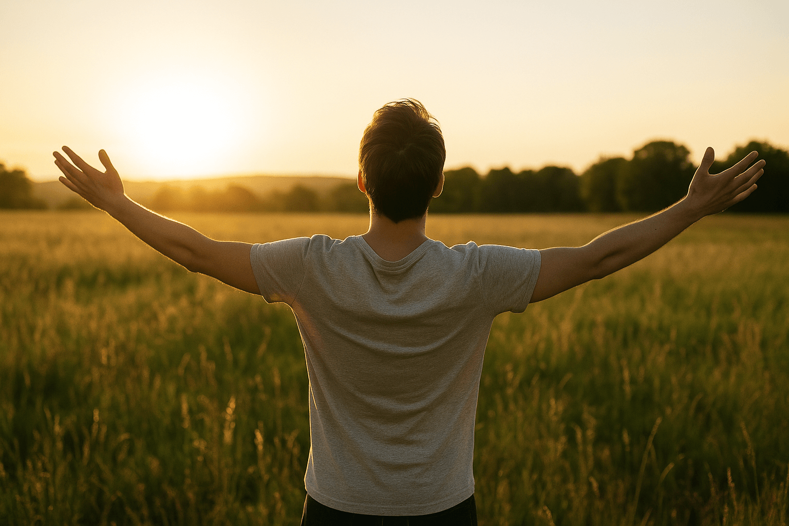 A man stands in a field with arms outstretched, embracing the open space around him.