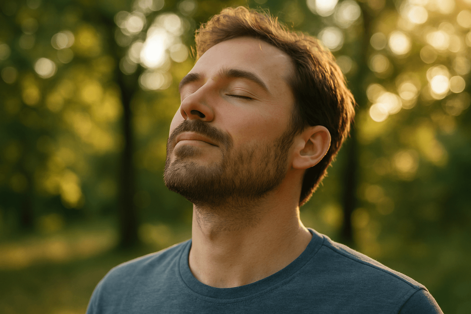 Man relaxing in the sun with closed eyes, trees visible behind him.