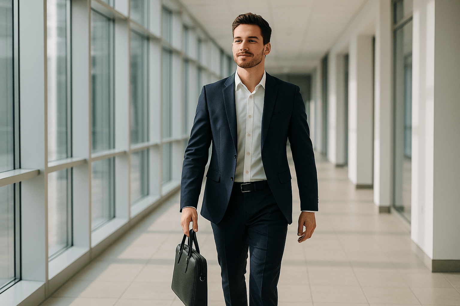 Businessman in a suit walking along a well-lit office corridor with sleek design and glass walls.
